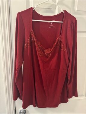 Super Soft Long Sleeve Lace Trim Red Tunic Top